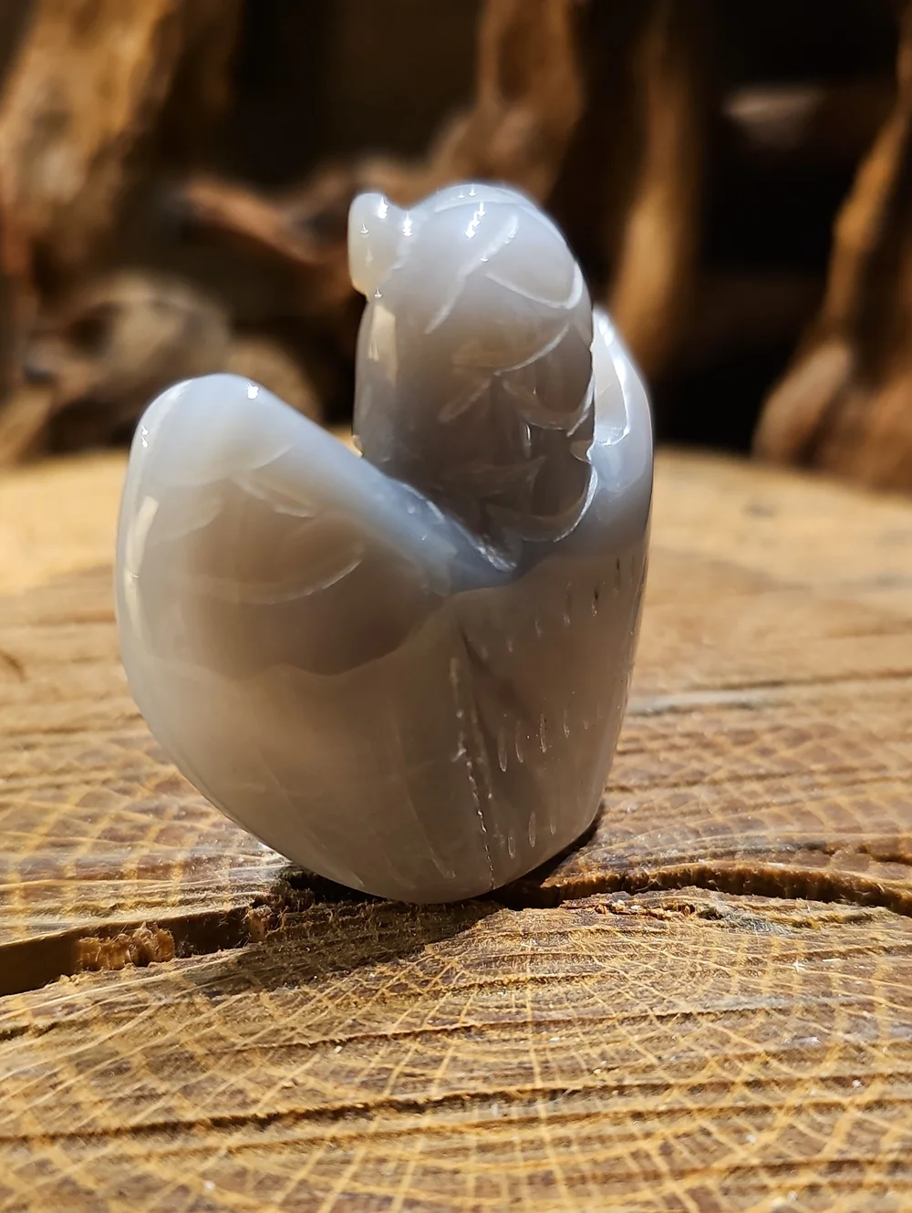 Carved Agate Owl Figurine - Gray and Cream Druzy Center